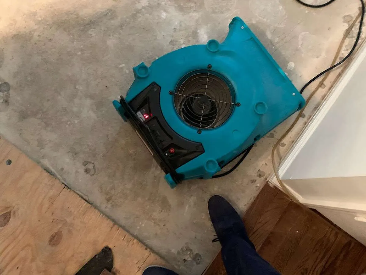 Air mover drying subfloor during Commercial Water Damage Restoration in Glenolden